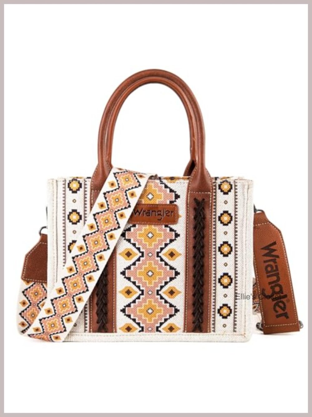 Boho Aztec Print Canvas Tote Bag with Guitar Strap, Whipstitch Details, Zip
